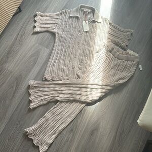 Women's 2 Piece Crochet Knit Cardigan and Long Pants Set